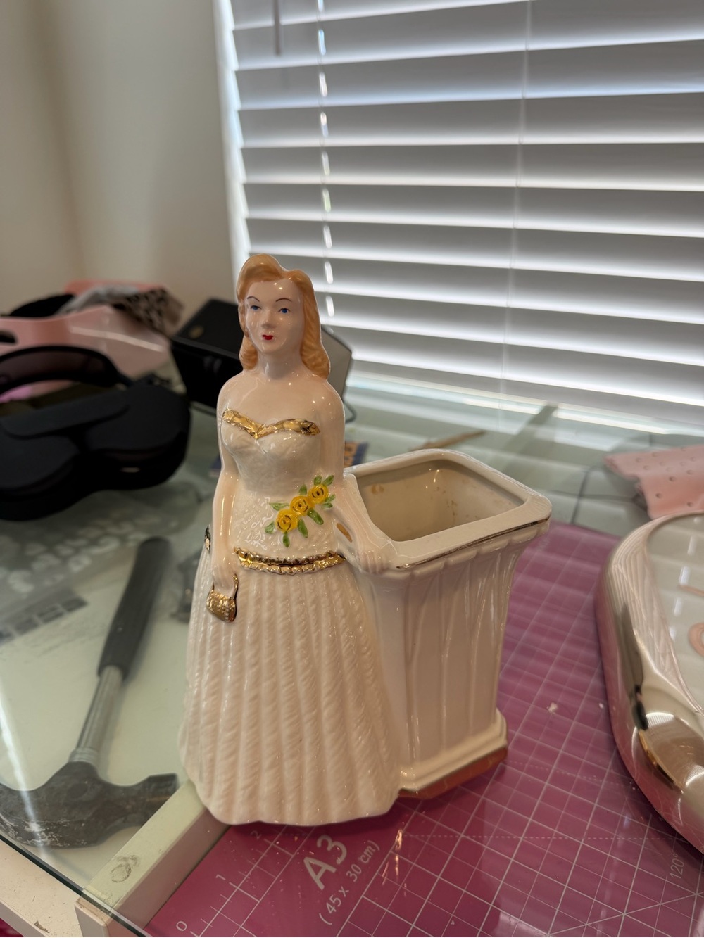 Vintage Ceramic Lady Vase Planter - White with Gold & Yellow Accents